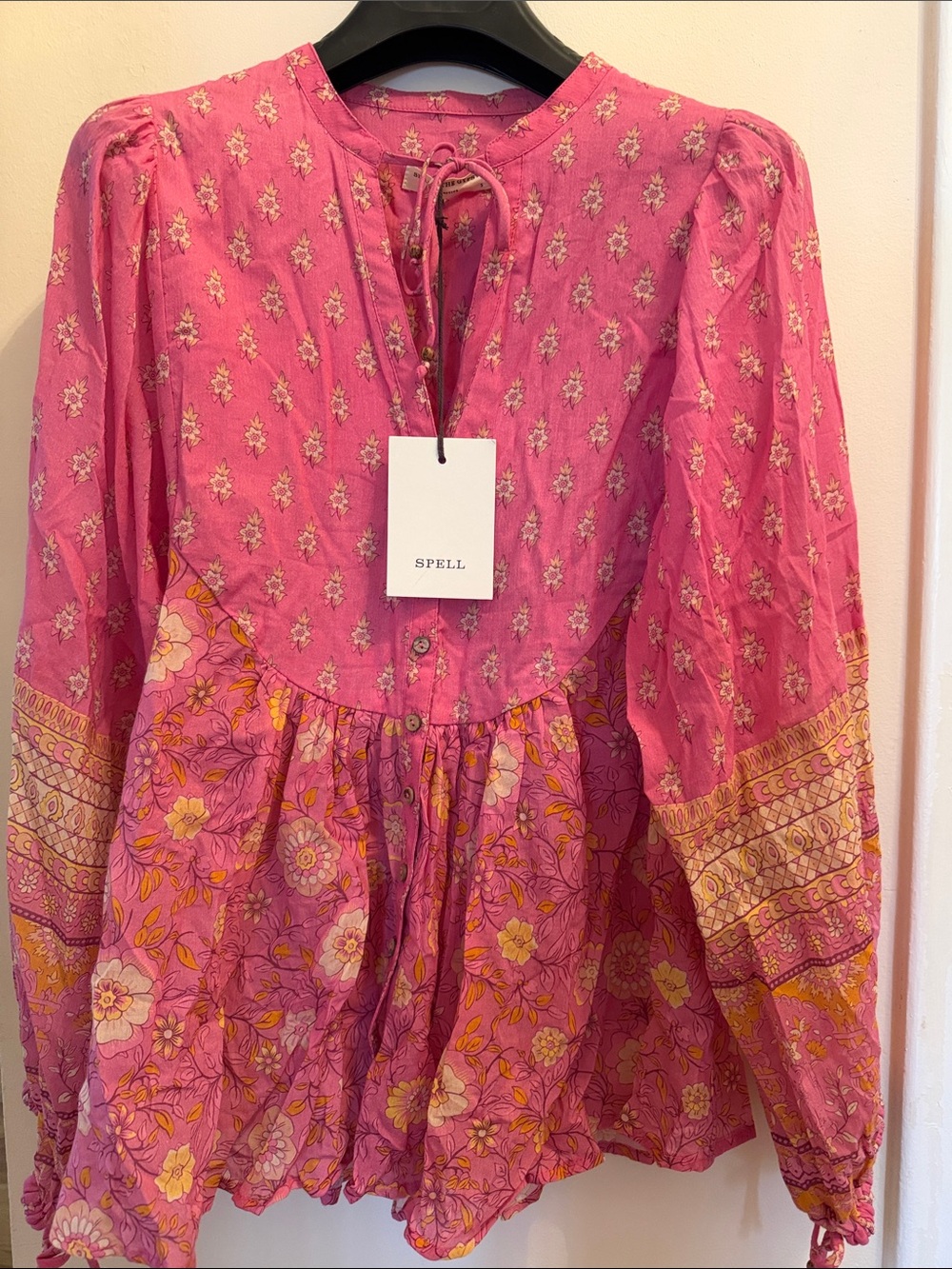 NWT Spell Pink Floral Tie-Neck organic cotton Peasant Top Small